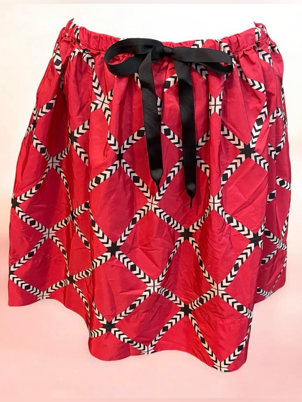 Joe Fresh Red Geometric Circle Skirt Black Ribbon Tie Waistband and deep pockets
